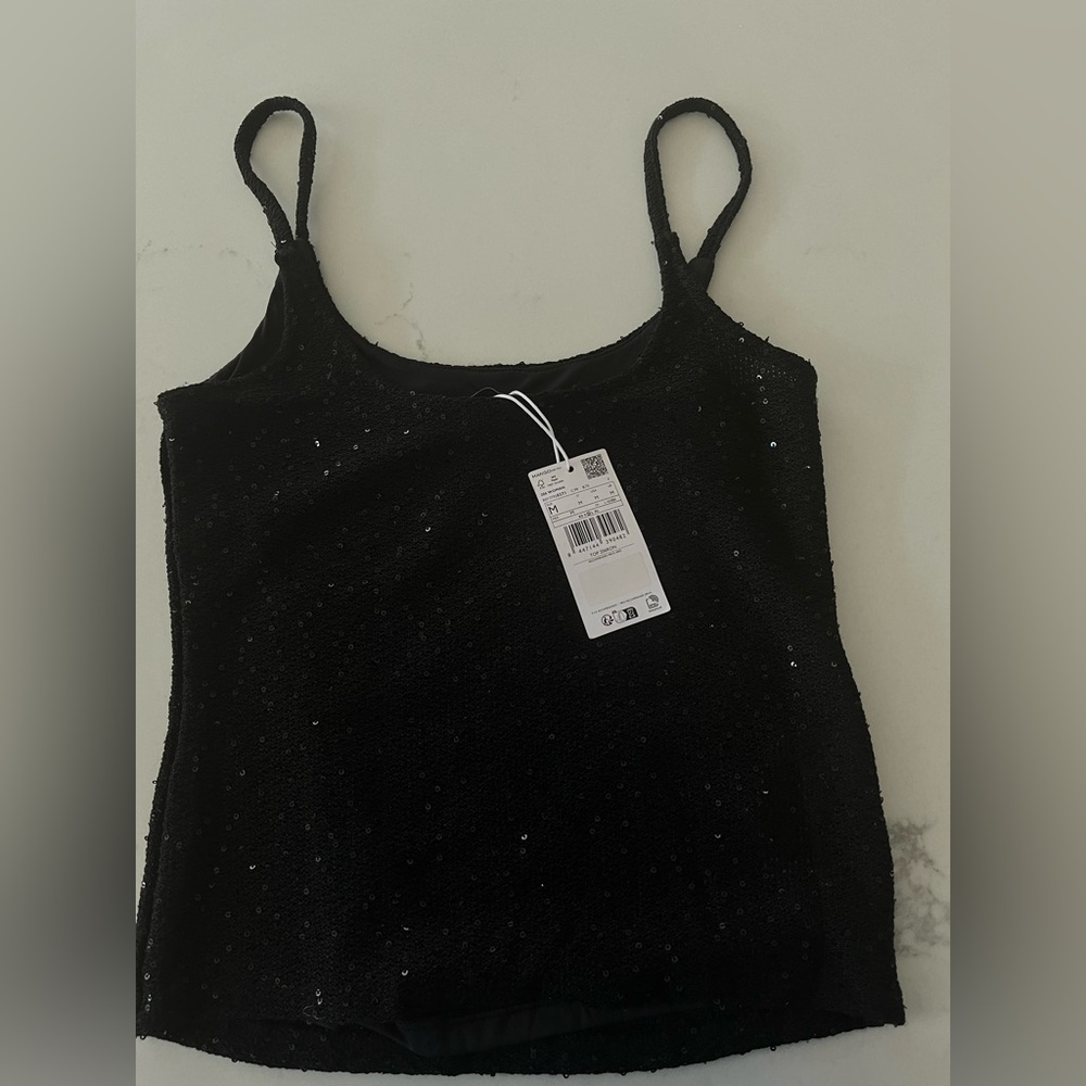 MNG (Mango) Sequined Top Black NWT